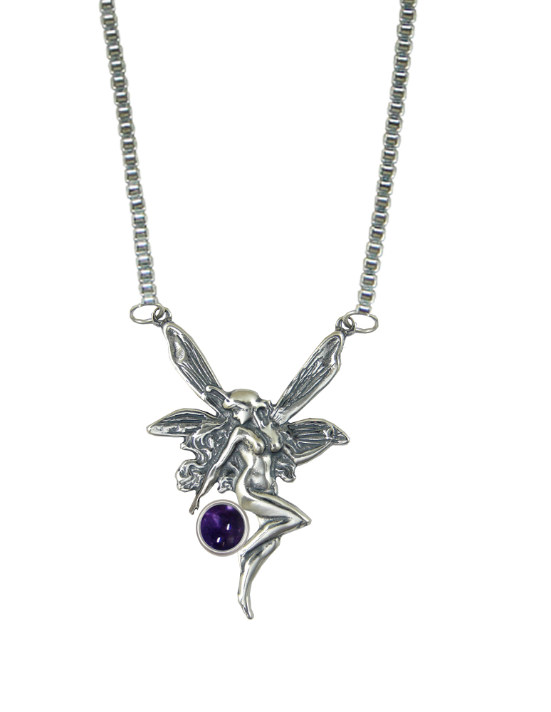 Sterling Silver Victorian Winged Fairy Necklace With Iolite